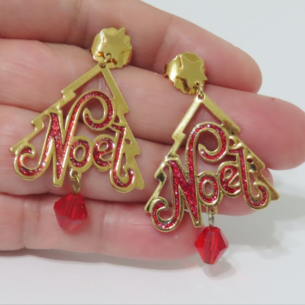 NOEL Christmas Tree Gold Plated Enamel Red Crystal Dangle Earrings